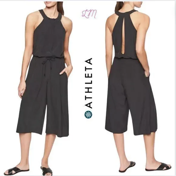 Athleta Mercer Wide Leg Cropped Halter Style Jumpsuit Back Cut Out Black 8 - Picture 1 of 12